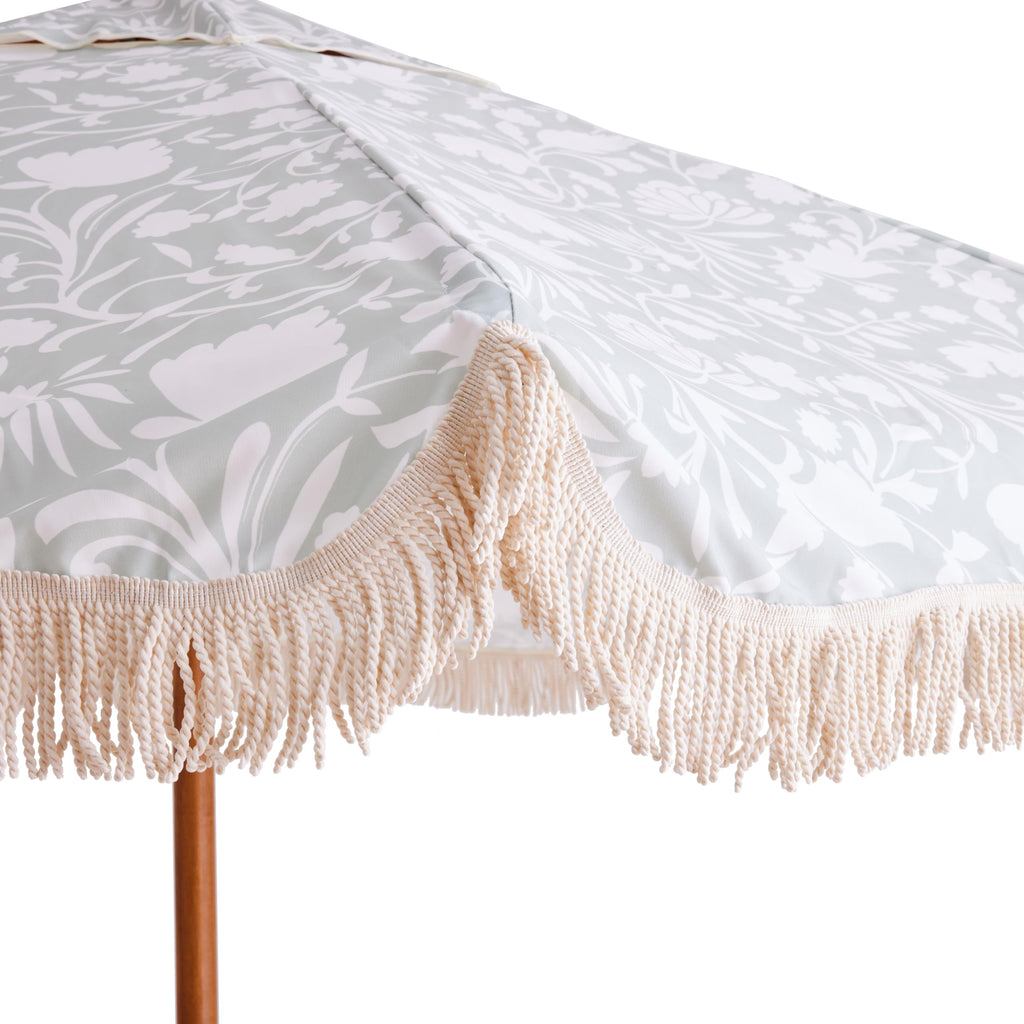 One Kings Lane Sage Green/White Flora Lounge Sling Beach Chair - Lightweight Outdoor Folding Chair with Fringe for Camping, Lake, Patio, Sports