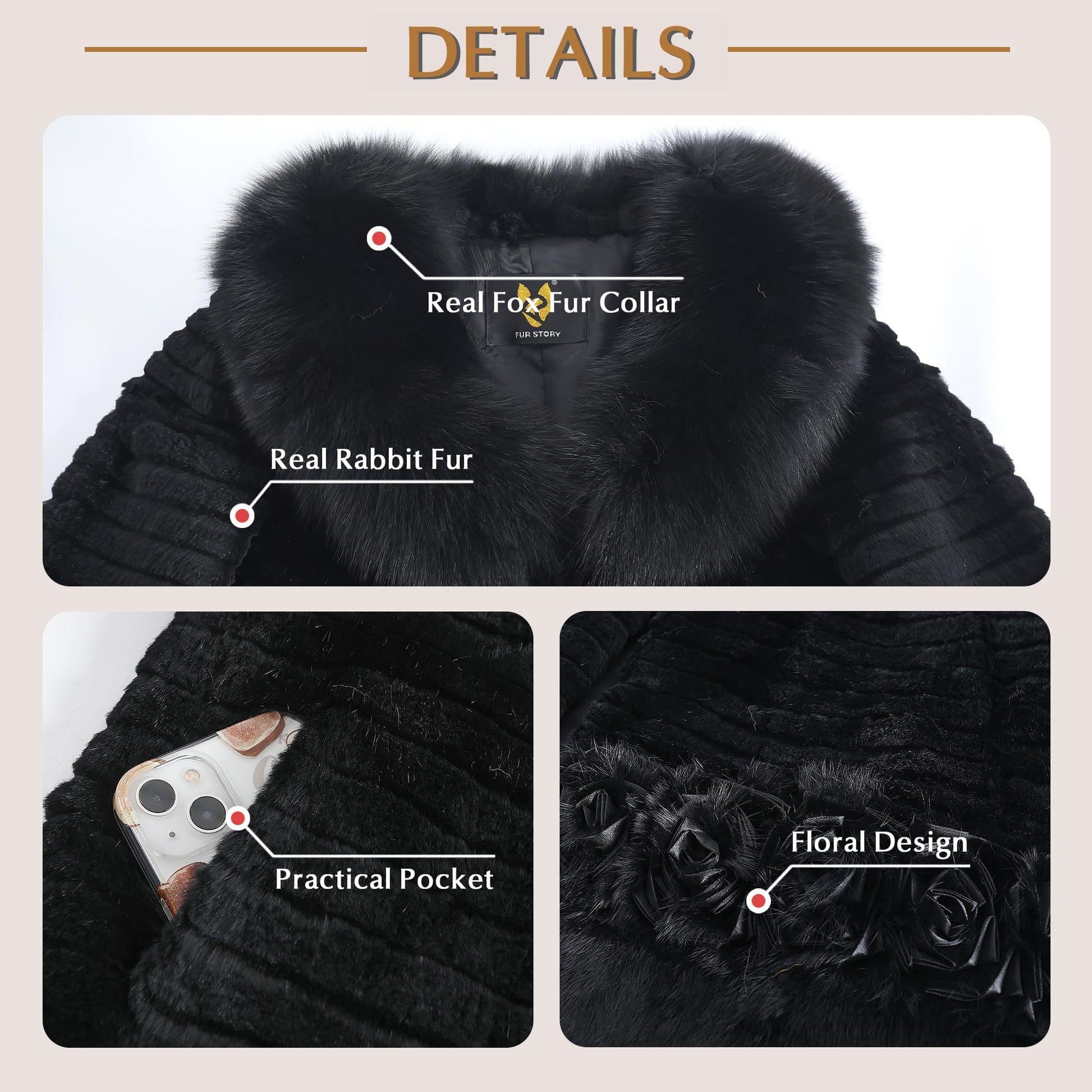 Women's Real Rabbit Fur Coat Furry Long Jacket Winter Warm Outerwear Fox Fur Collar Flower Decoration