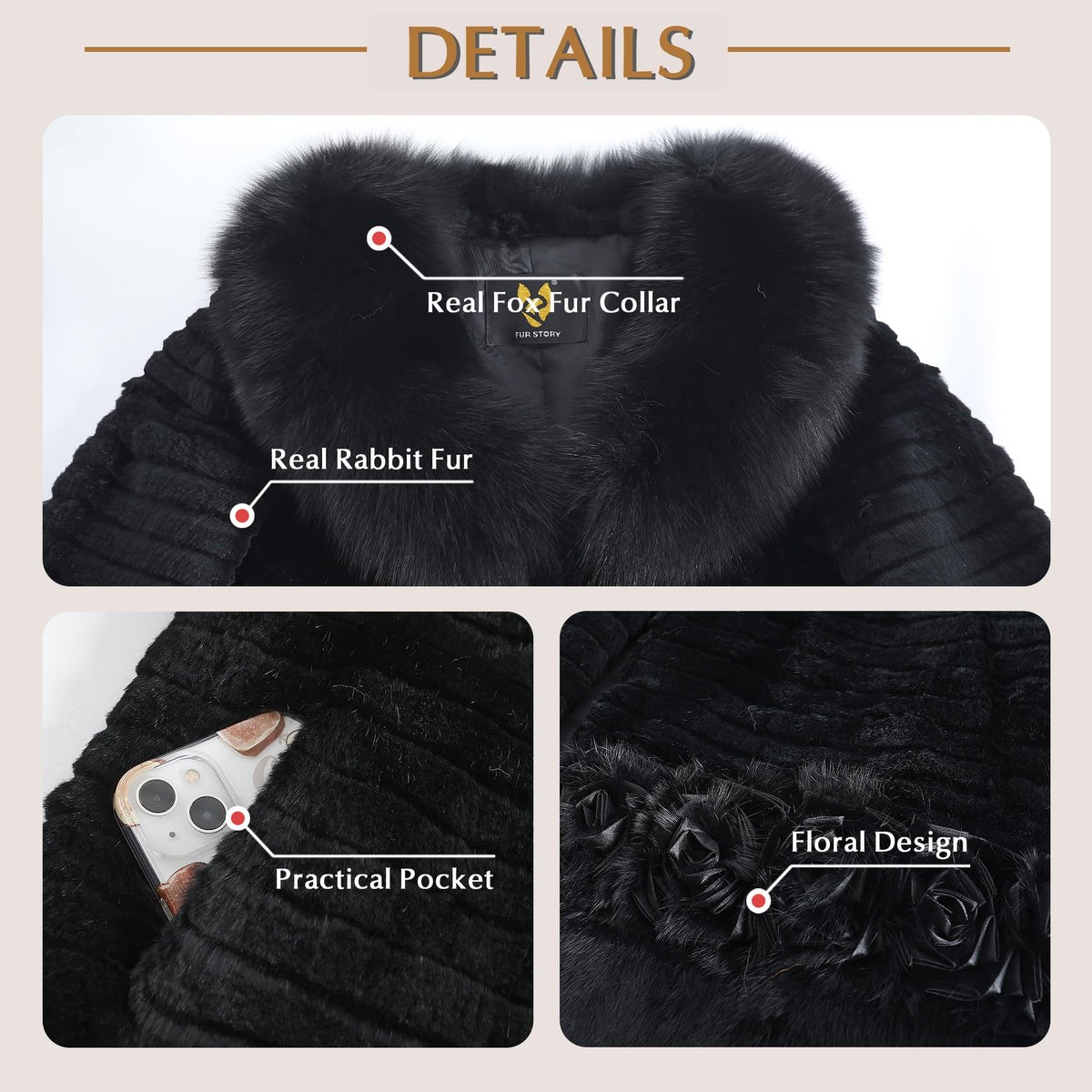 Women's Real Rabbit Fur Coat Furry Long Jacket Winter Warm Outerwear Fox Fur Collar Flower Decoration