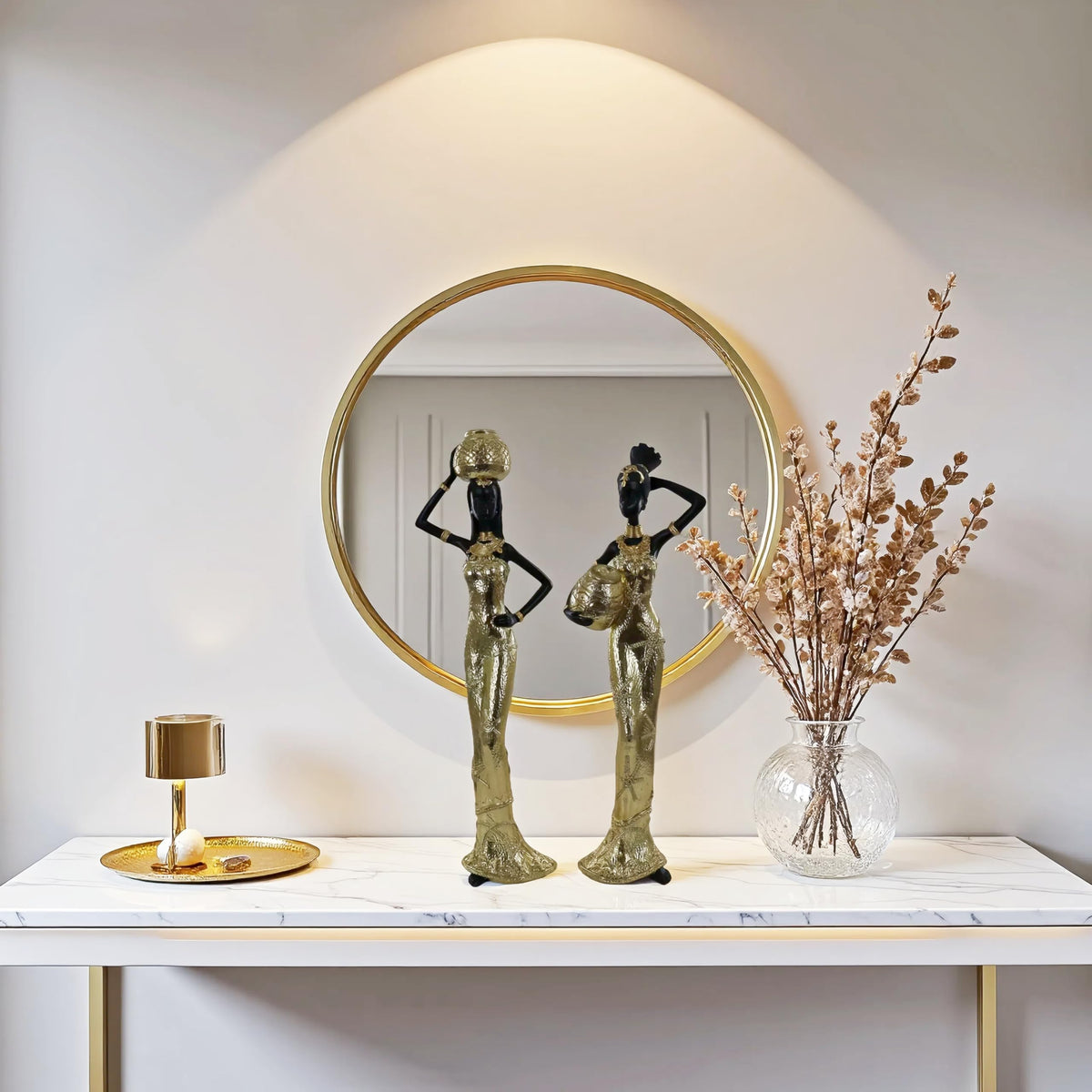 Set of 3 Resin African Woman Statues – Elegant Tribal Figurines in Gold Dresses, Afrocentric Home Decor Sculptures for Living Room, Bookshelf, Gift