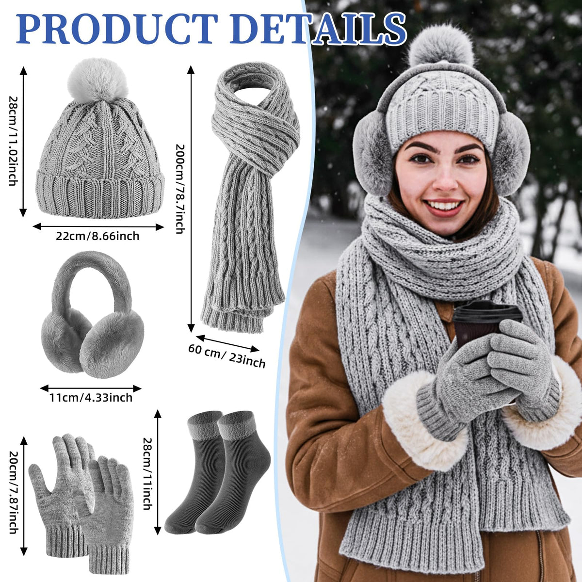 Geyoga 6 Pcs Winter Warm Set for Women Warm Beanies Hats Touchscreen Gloves Long Scarf Ear Muffs Socks Winter Gifts for Women