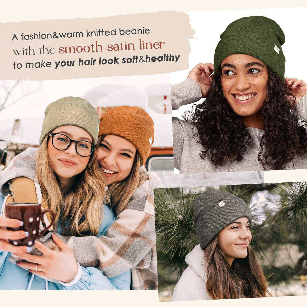 YANIBEST Satin Lined Beanie for Women Reduce Frizz Winter Hats for Women Men Silk Lining Soft Slouchy Warm Cuffed Less Static