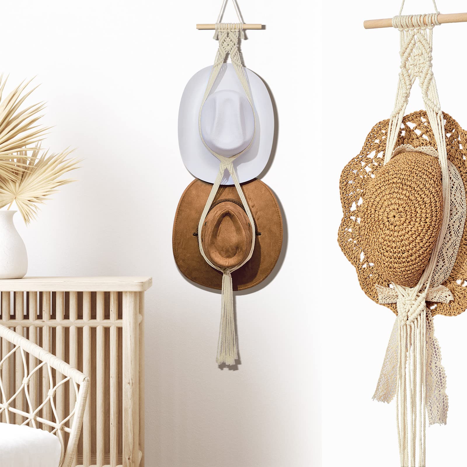 Yulejo Macrame Hat Hangers Boho Hat Rack for Wall Western Cowboy Hanging Organizer for Door Wall Room Bedroom
