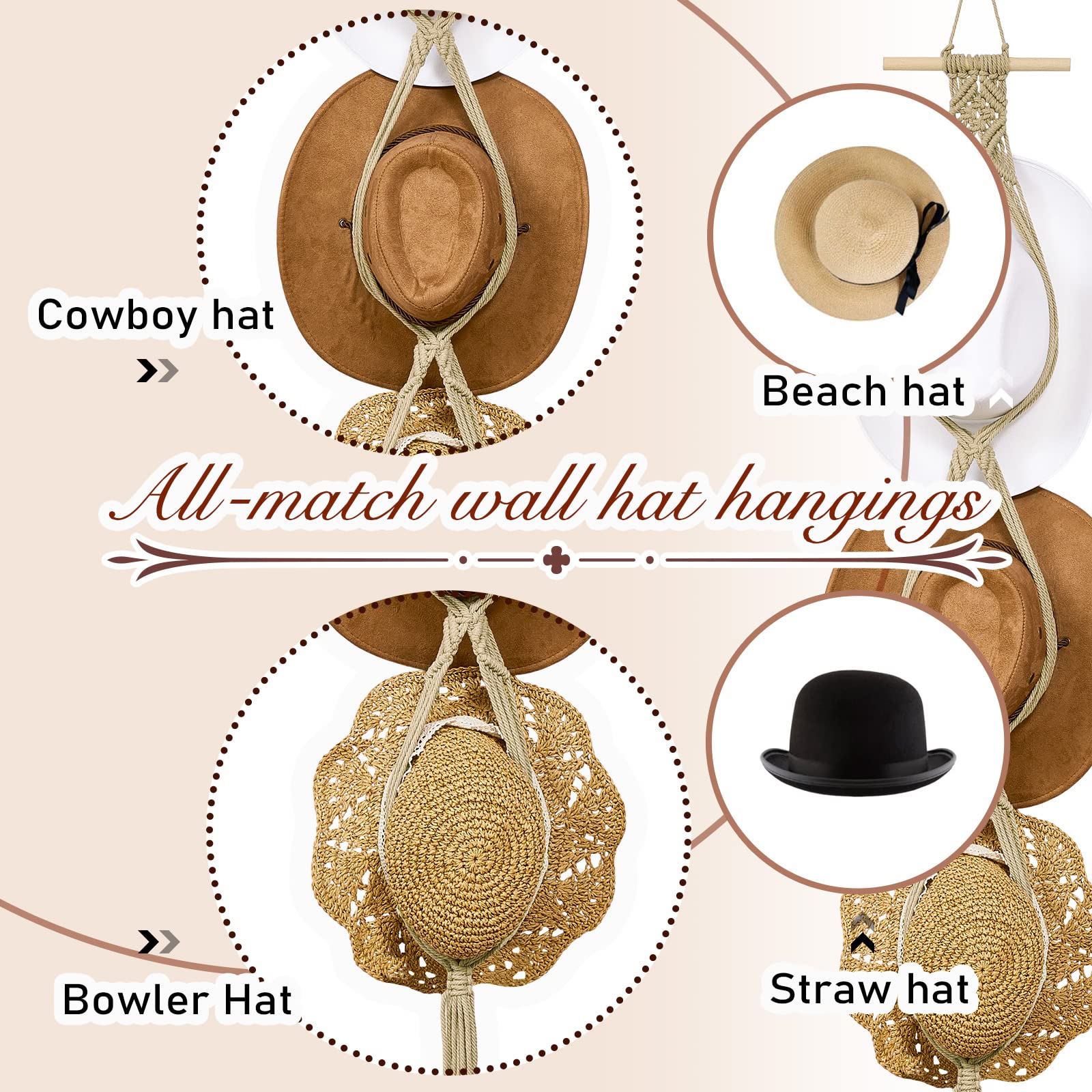 Yulejo Macrame Hat Hangers Boho Hat Rack for Wall Western Cowboy Hanging Organizer for Door Wall Room Bedroom