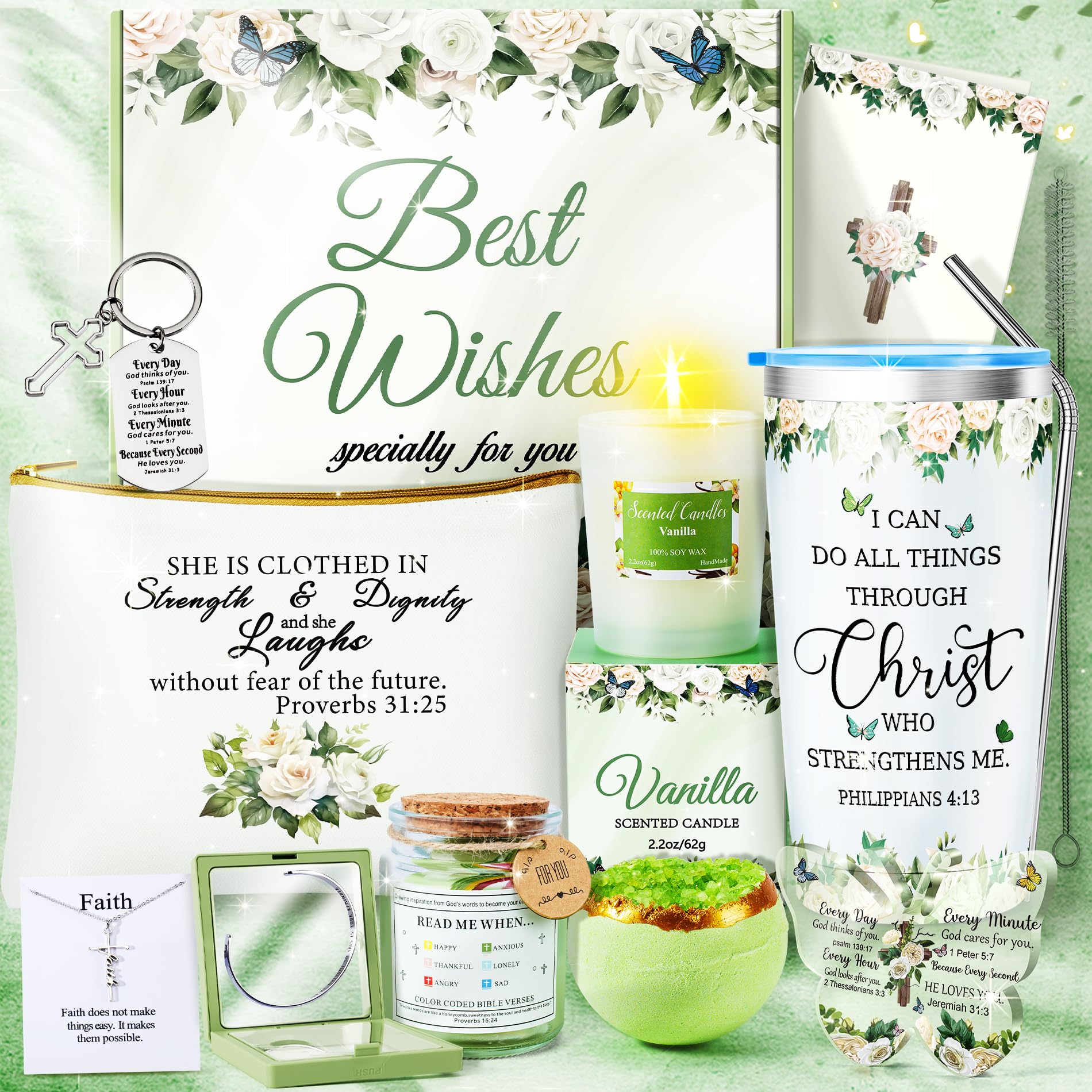 14PCS Christian Gifts for Women Faith, Inspirational Gifts for Women,Spiritual Religious Catholic Baptism Gifts,Get Well Soon Gifts w/ Blanket Mothers Day Gifts for Mom Wife, Girlfriend,Sister