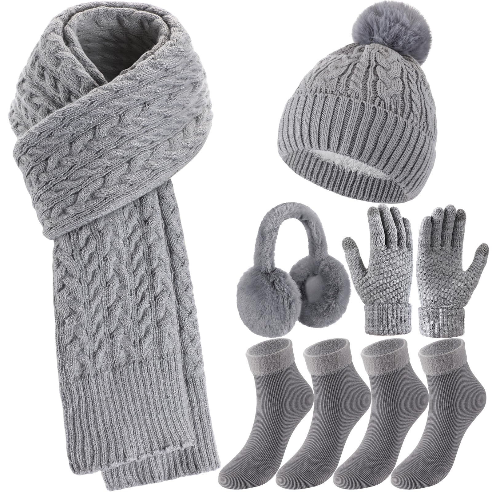Geyoga 6 Pcs Winter Warm Set for Women Warm Beanies Hats Touchscreen Gloves Long Scarf Ear Muffs Socks Winter Gifts for Women