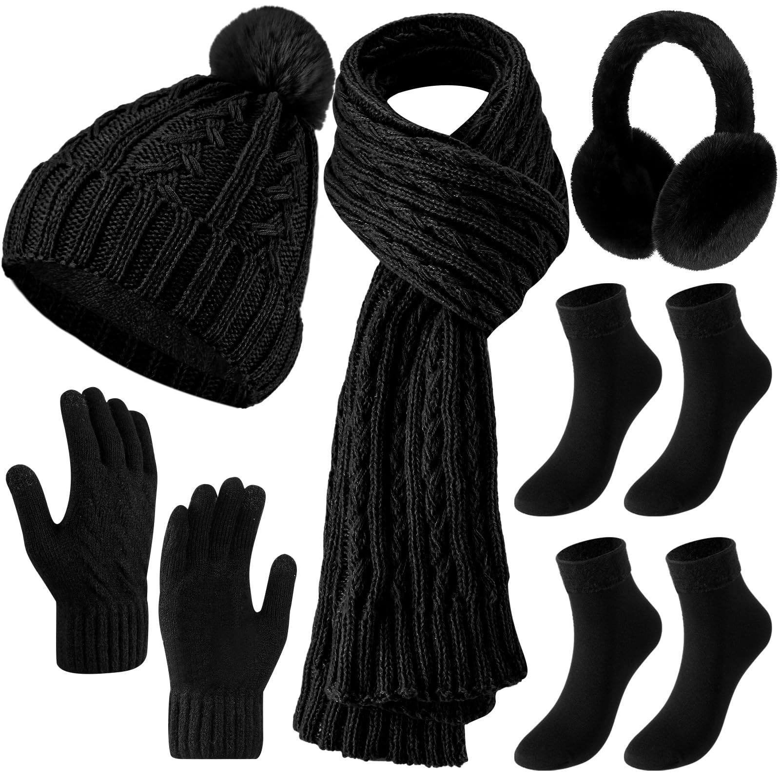 Geyoga 6 Pcs Winter Warm Set for Women Warm Beanies Hats Touchscreen Gloves Long Scarf Ear Muffs Socks Winter Gifts for Women
