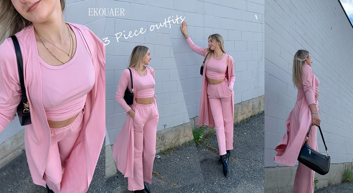 Ekouaer Women's 3 Piece Knit Lounge Set Pajama Long Sleeve Cardigan Sleeveless Top Pants Sweatsuit S-XXL