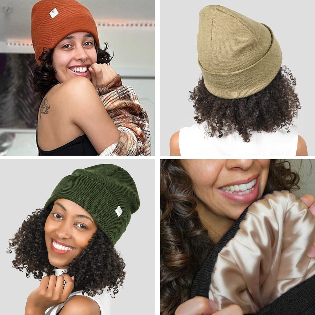 YANIBEST Satin Lined Beanie for Women Reduce Frizz Winter Hats for Women Men Silk Lining Soft Slouchy Warm Cuffed Less Static