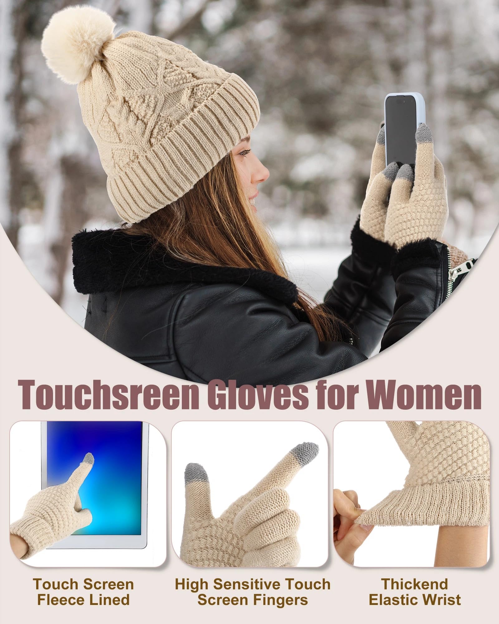 Geyoga 6 Pcs Winter Warm Set for Women Warm Beanies Hats Touchscreen Gloves Long Scarf Ear Muffs Socks Winter Gifts for Women