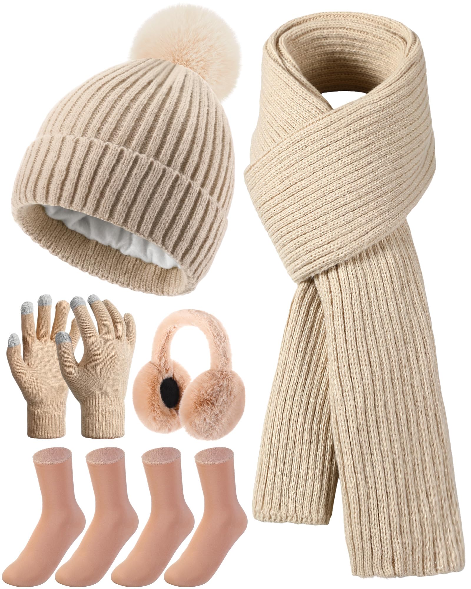 Geyoga 6 Pcs Winter Warm Set for Women Warm Beanies Hats Touchscreen Gloves Long Scarf Ear Muffs Socks Winter Gifts for Women