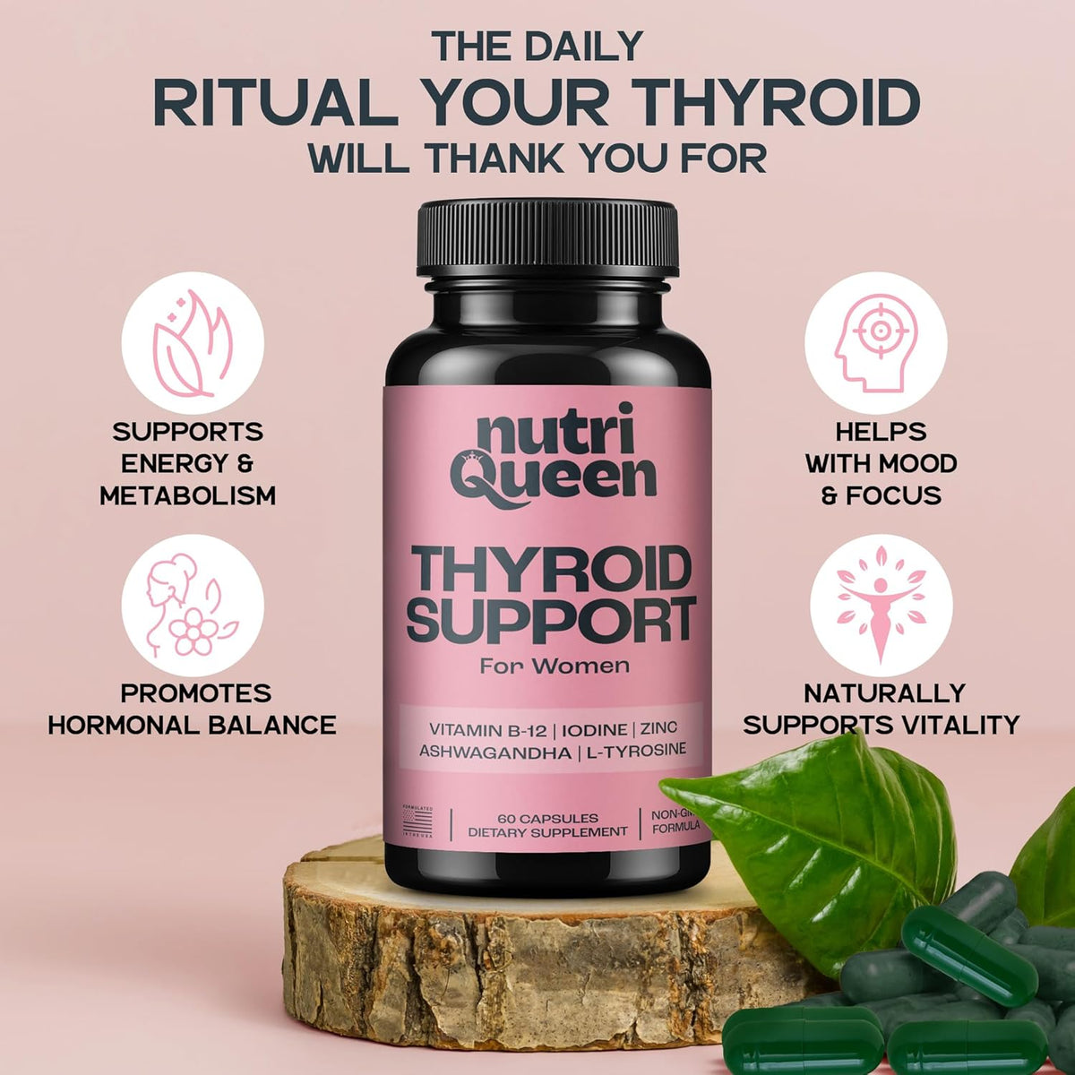 Thyroid Support for Women, Female Vitamin Supplement with Ashwagandha, Zinc, Kelp & Iodine, Women's Health Supplements for Energy & Hormone Balance, Contains Vitamins B-12-60 Capsules