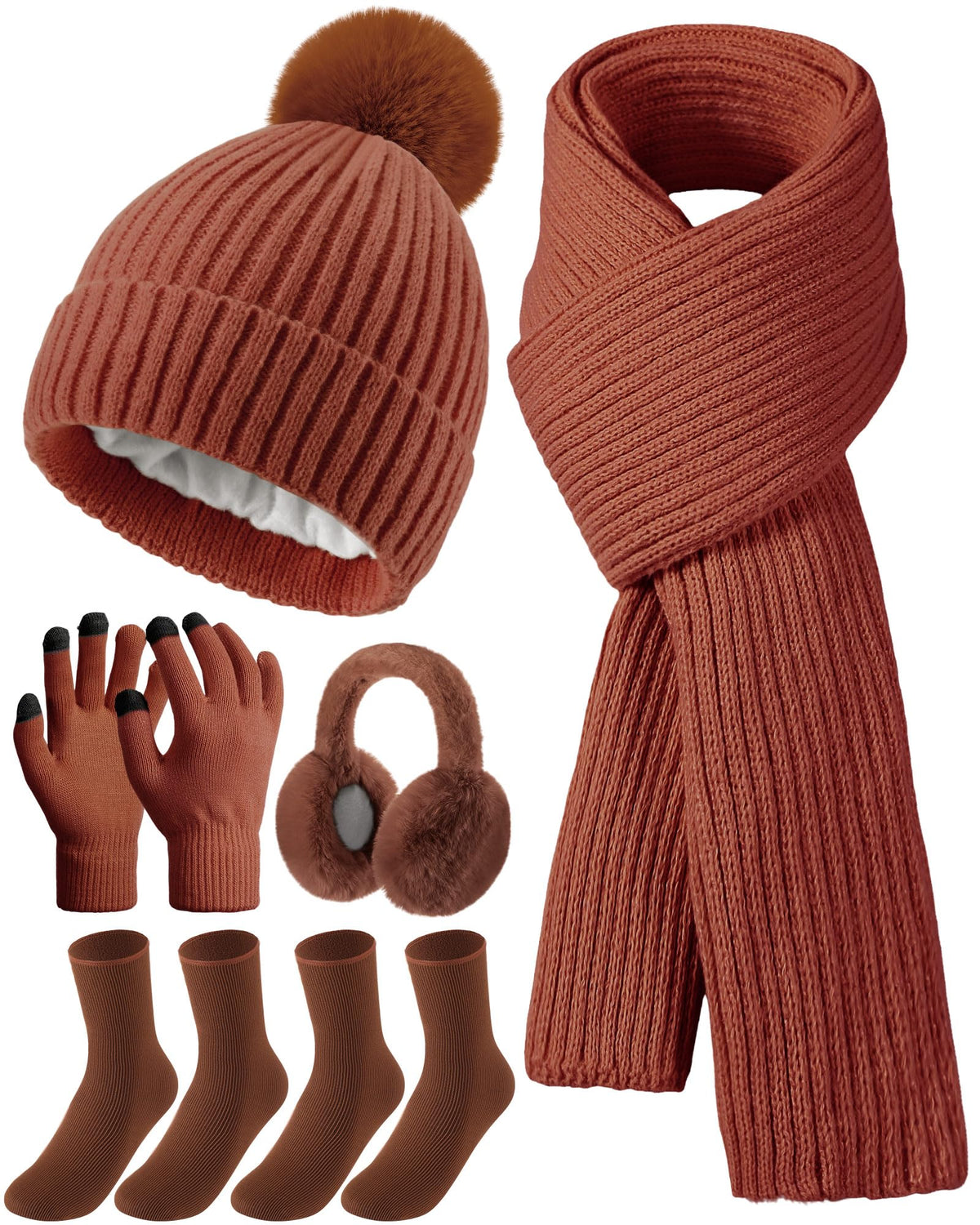 Geyoga 6 Pcs Winter Warm Set for Women Warm Beanies Hats Touchscreen Gloves Long Scarf Ear Muffs Socks Winter Gifts for Women