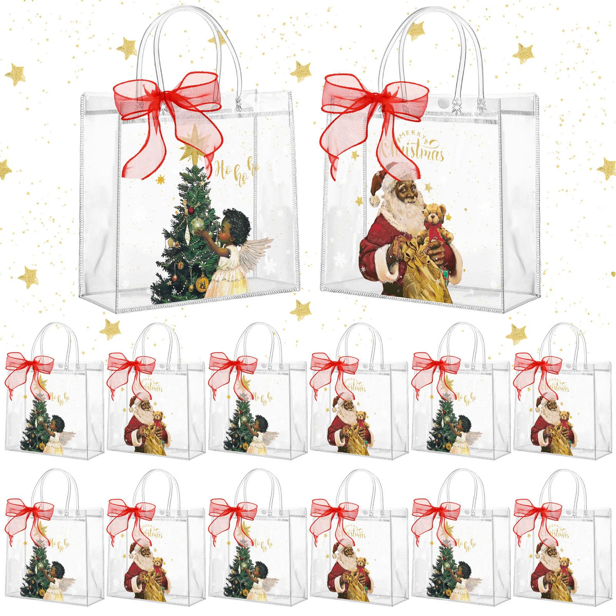 Motipuns 24 Pcs Christmas Clear PVC Gift Bags with Handles and Ribbon African American Black Santa Claus Party Favor Reusable Plastic Candy Treat Tote Bags for Merry New year Xmas Birthday Supplies