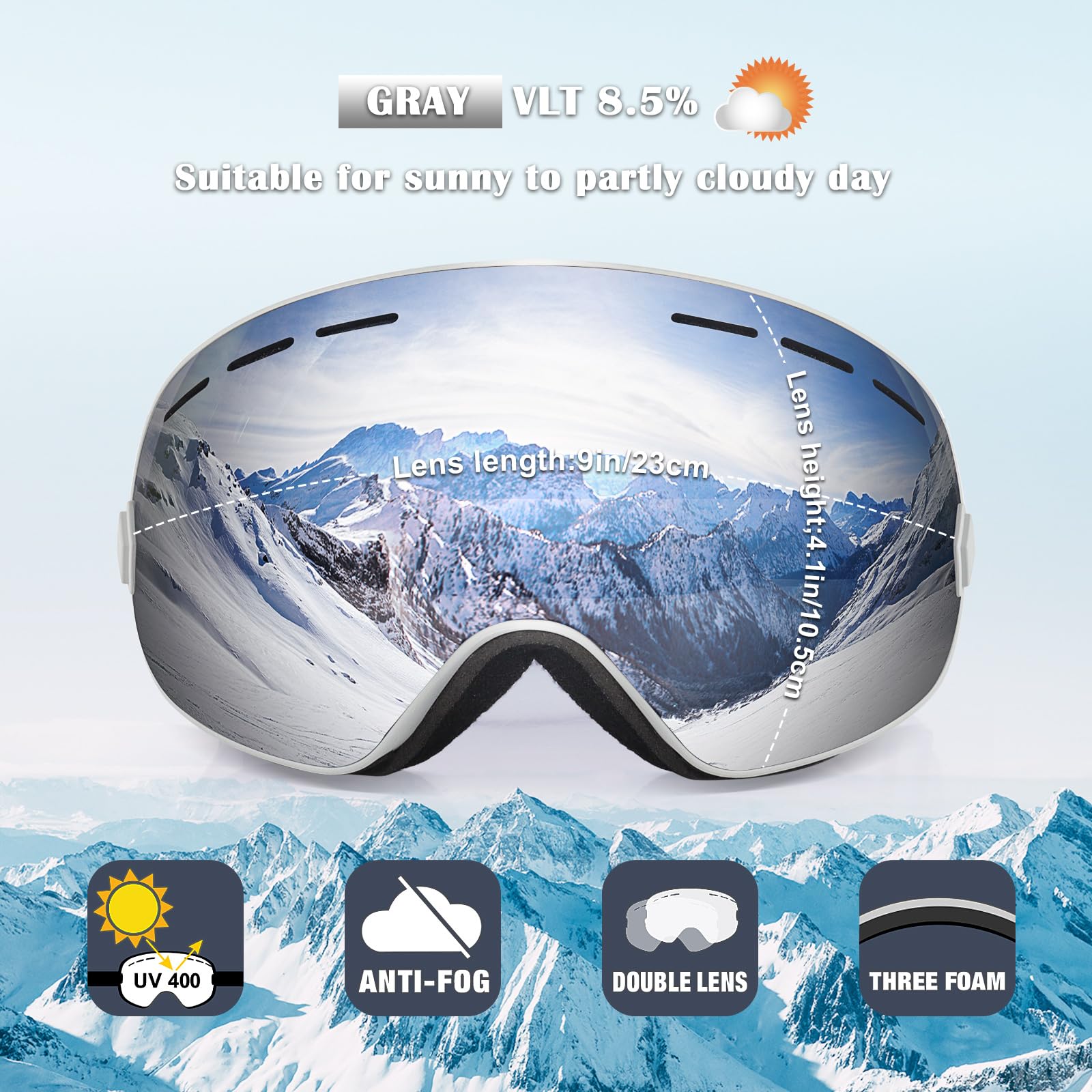 EXP VISION Snowboard Ski Goggles Men Women Youth, Anti Fog OTG Winter Snow Goggles Spherical Detachable Lens
