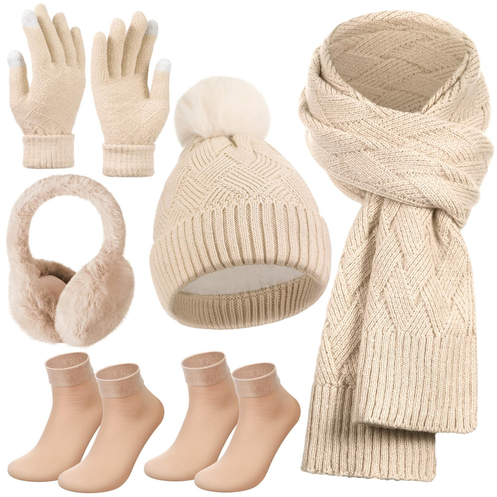 Geyoga 6 Pcs Winter Warm Set for Women Warm Beanies Hats Touchscreen Gloves Long Scarf Ear Muffs Socks Winter Gifts for Women