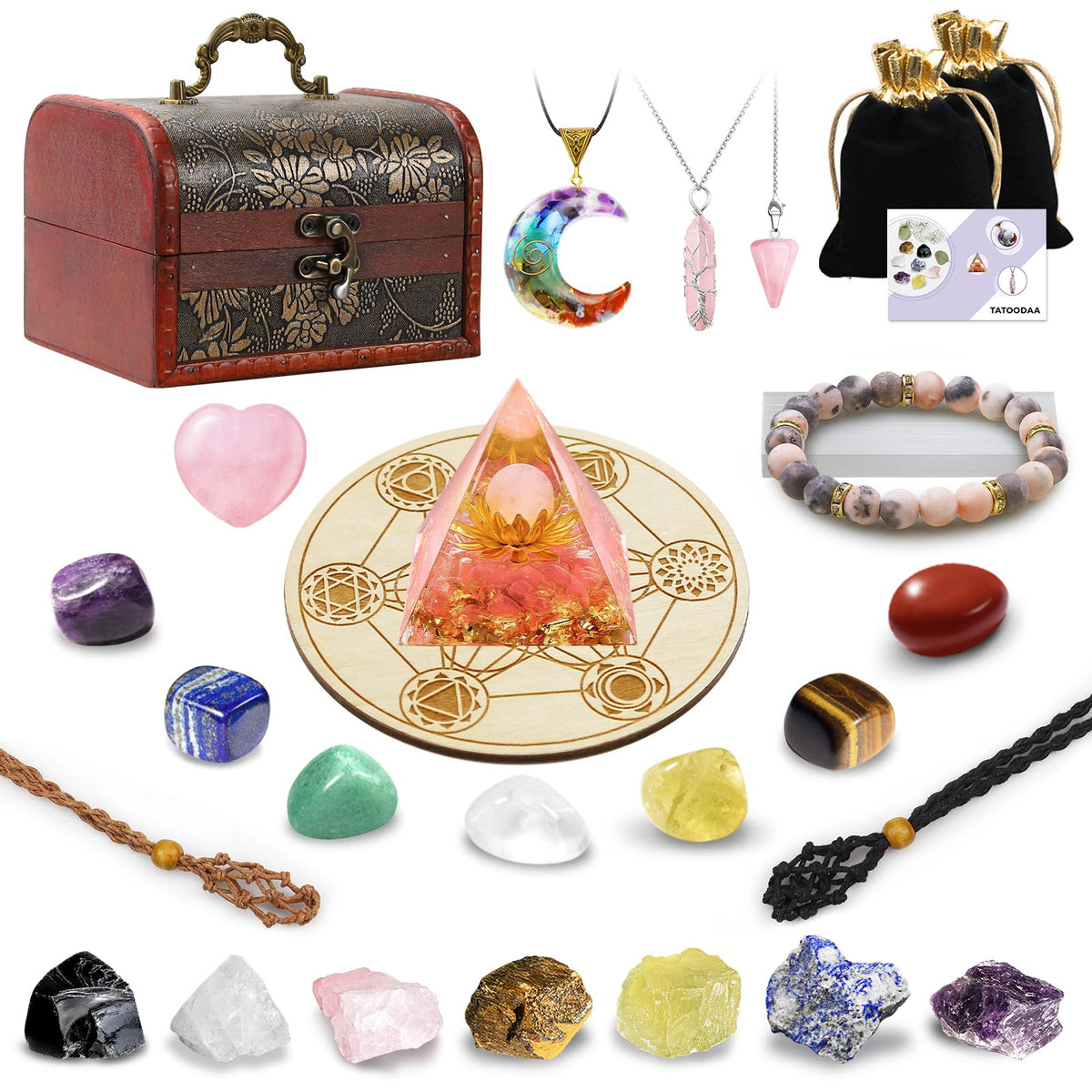 Healing Crystals Set, 28 Pcs Crystals and Healing Stones 7 Chakra Kits Obsidian Real Spiritual Protection Natural Reiki Energy Meditation Crystals for Beginners Wooden Box, Crystal Gifts for Women