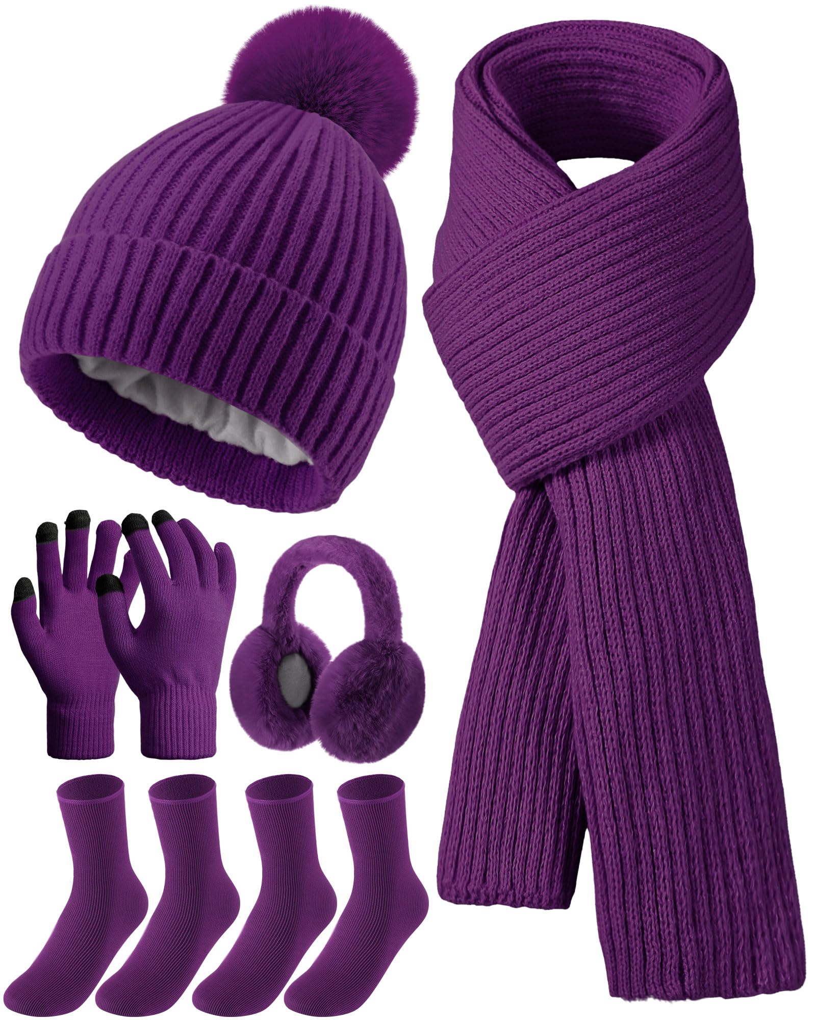 Geyoga 6 Pcs Winter Warm Set for Women Warm Beanies Hats Touchscreen Gloves Long Scarf Ear Muffs Socks Winter Gifts for Women