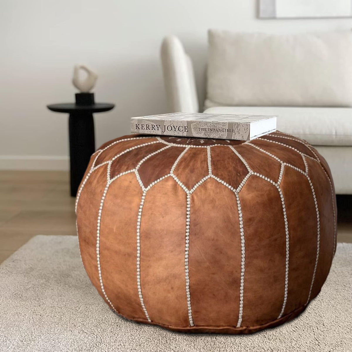 Fezcrafts Genuine Leather Moroccan Ottoman unstuffed Moroccan Pouf Footresf Livin Room Cocktail Seats Goatskin Tribal Bohemian Home Decor (Black)