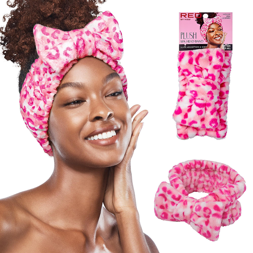 Red by Kiss Spa Headband for Washing Face Facial Makeup Bow Head Band Soft Plush Fleece Stretchy Head Wraps for Women Shower Bath Washing Face Mask (WHITE)