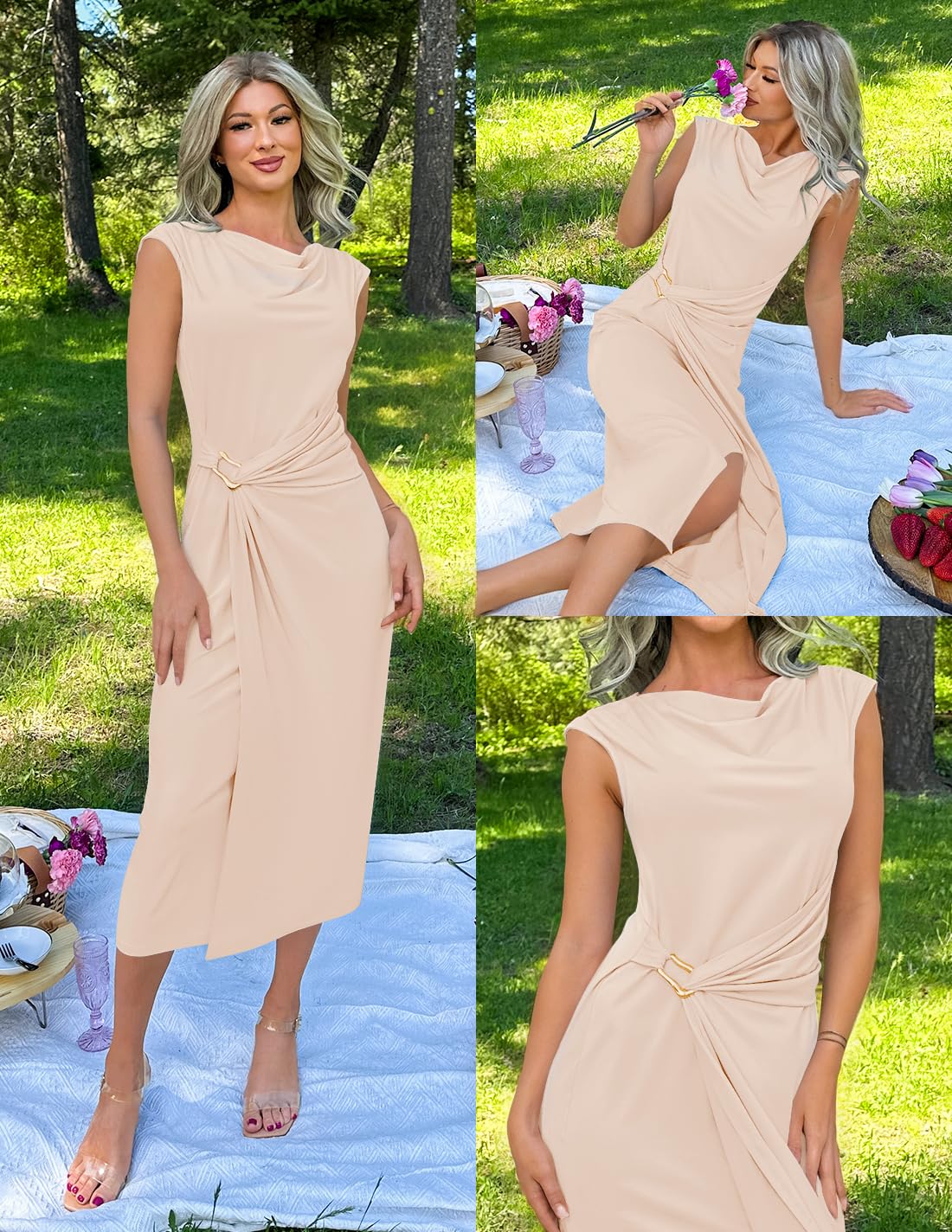 ZESICA Women's 2025 Summer Mock Neck Casual Bodycon Dress Cap Sleeve Elegant Cocktail Party Long Midi Dresses