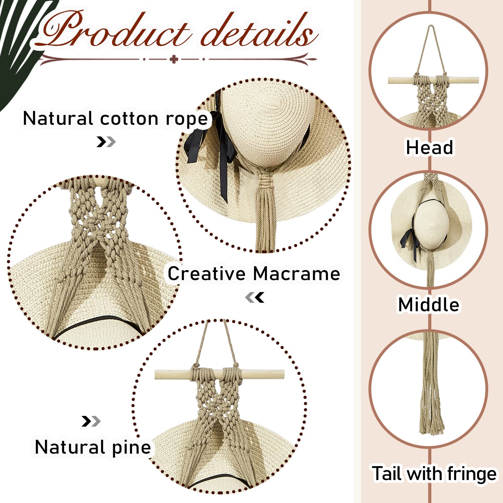 Yulejo Macrame Hat Hangers Boho Hat Rack for Wall Western Cowboy Hanging Organizer for Door Wall Room Bedroom