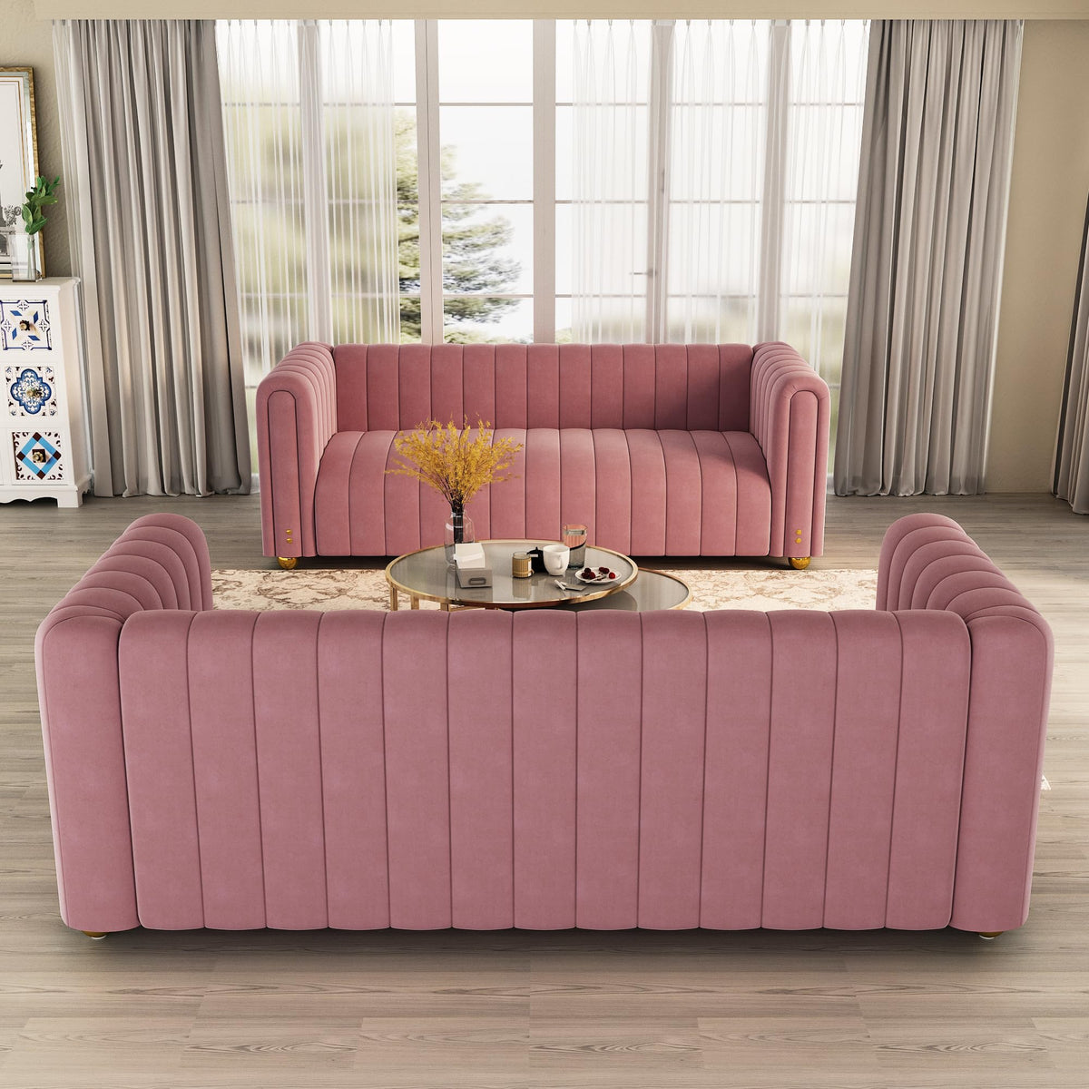 81" W Tufted Velvet Couch,Modern Velvet Sofa with Round Handrails and Metal Legs for Living Room,Office,Apartment (1, Pink)