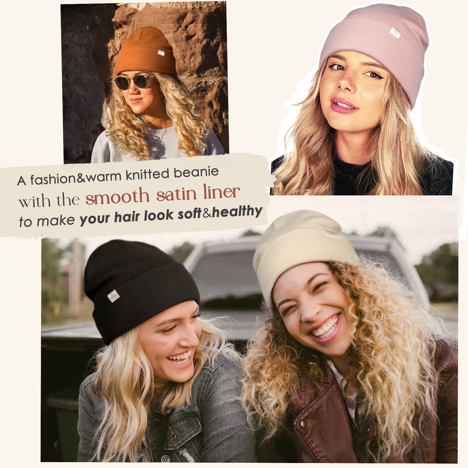 YANIBEST Satin Lined Beanie for Women Reduce Frizz Winter Hats for Women Men Silk Lining Soft Slouchy Warm Cuffed Less Static