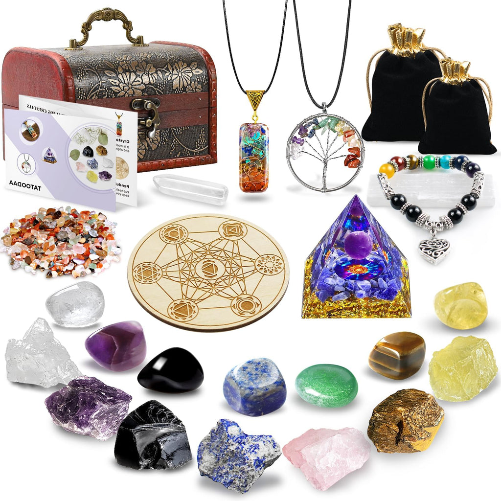 Healing Crystals Set, 28 Pcs Crystals and Healing Stones 7 Chakra Kits Obsidian Real Spiritual Protection Natural Reiki Energy Meditation Crystals for Beginners Wooden Box, Crystal Gifts for Women
