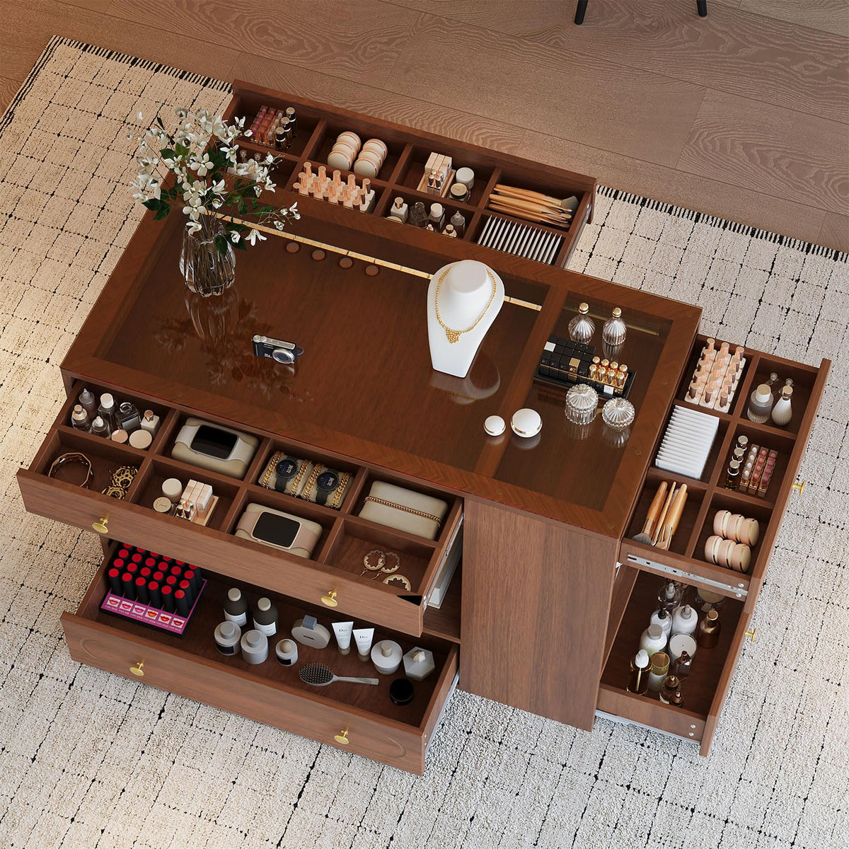 Closet Island with Glass Top and 6 Drawers, Walnut & White Bedroom Storage Island with Open Shelves, Walk-in Wardrobe Dresser Cabinet for Closet, Fitting Room, or Retail Display,White