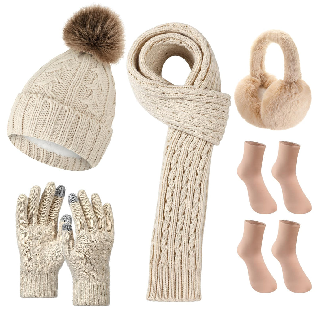 Geyoga 6 Pcs Winter Warm Set for Women Warm Beanies Hats Touchscreen Gloves Long Scarf Ear Muffs Socks Winter Gifts for Women