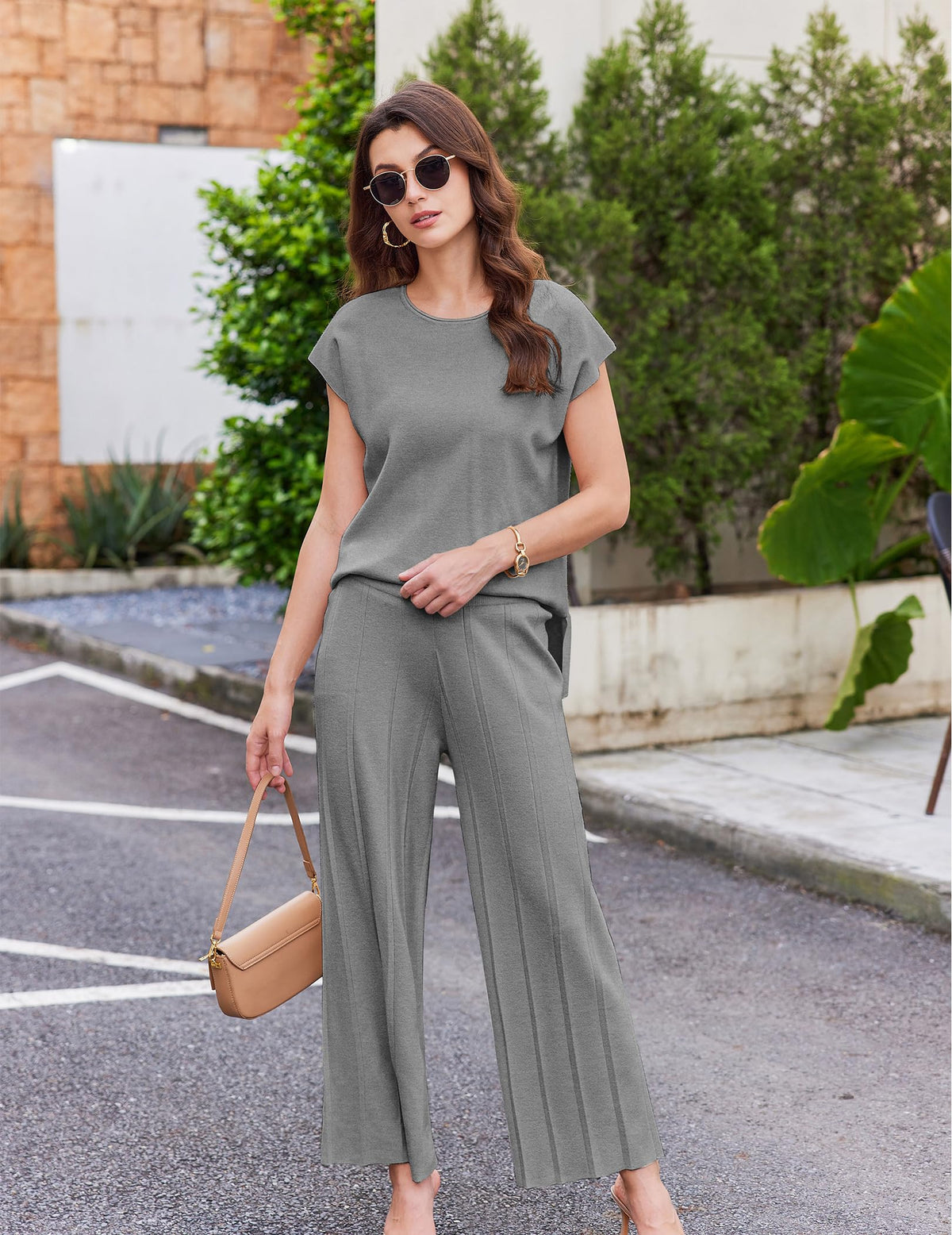Ekouaer Lounge Sets for Women Two Piece Outfits Knit Cap Sleeve Tops Wide Leg Pleated Pants Casual Dressy Sweater Sets