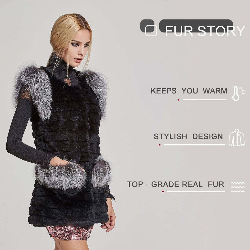Fur Story Women's Genuine Rabbit Fur Coat With Fox Fur Cuffs Warm Winter Coat Black Long Jacket