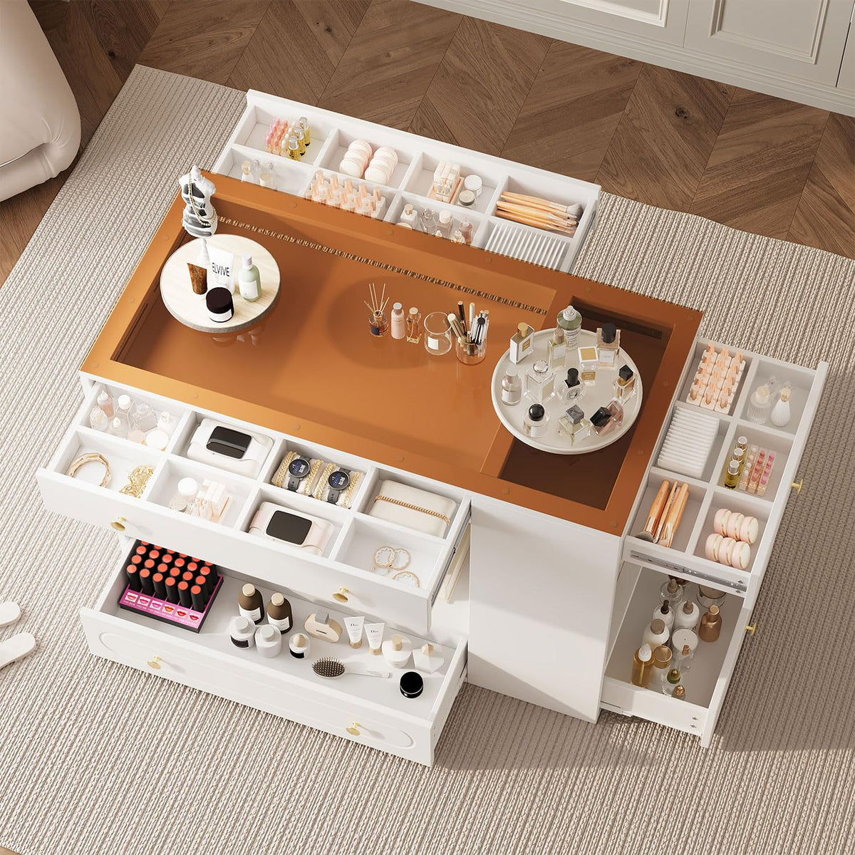 Closet Island with Glass Top and 6 Drawers, Walnut & White Bedroom Storage Island with Open Shelves, Walk-in Wardrobe Dresser Cabinet for Closet, Fitting Room, or Retail Display,White