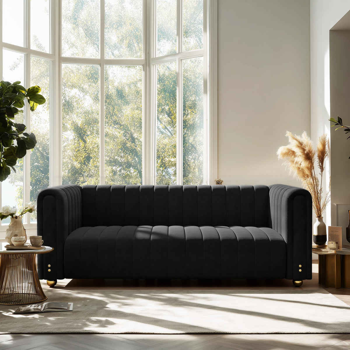81" W Tufted Velvet Couch,Modern Velvet Sofa with Round Handrails and Metal Legs for Living Room,Office,Apartment (1, Pink)