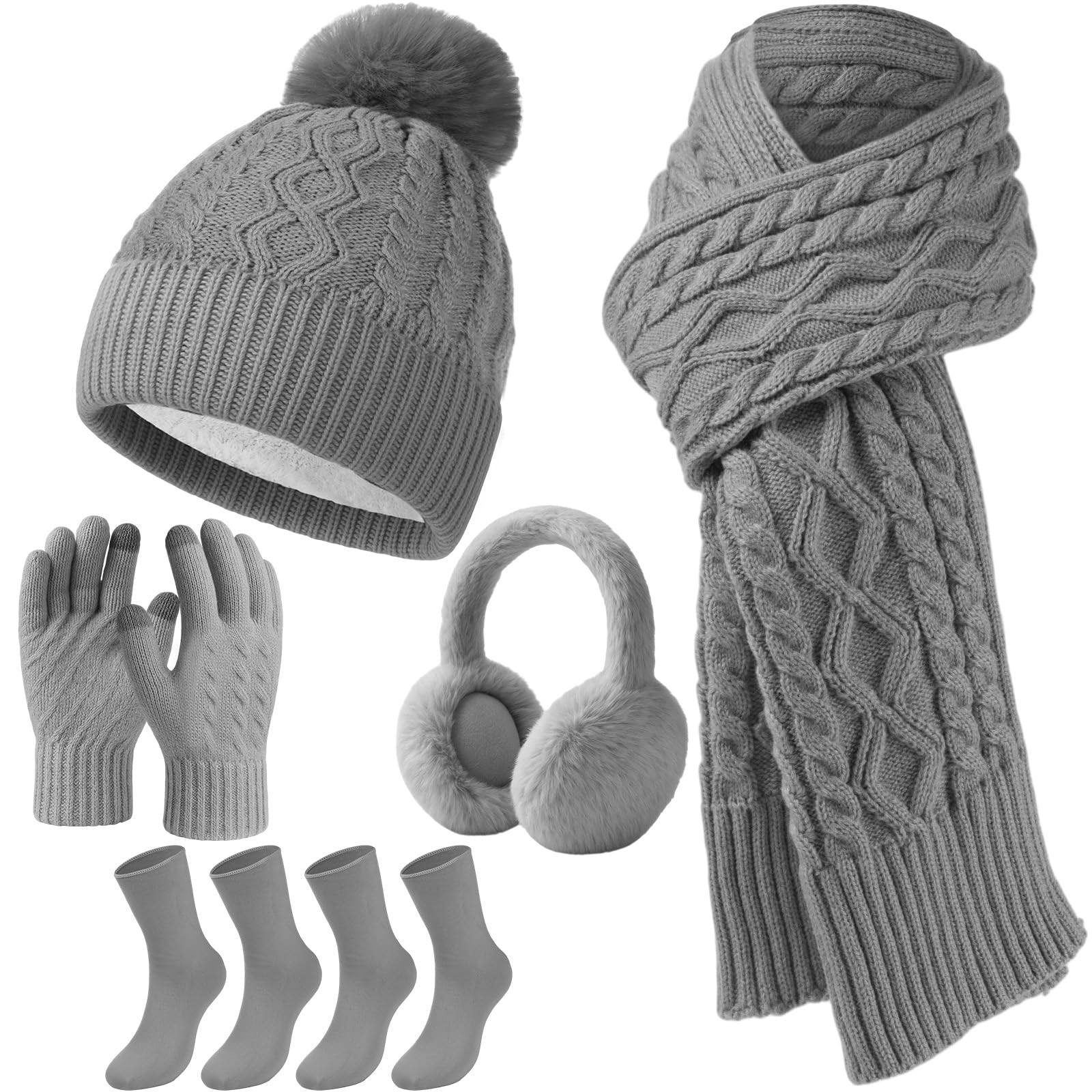 Geyoga 6 Pcs Winter Warm Set for Women Warm Beanies Hats Touchscreen Gloves Long Scarf Ear Muffs Socks Winter Gifts for Women
