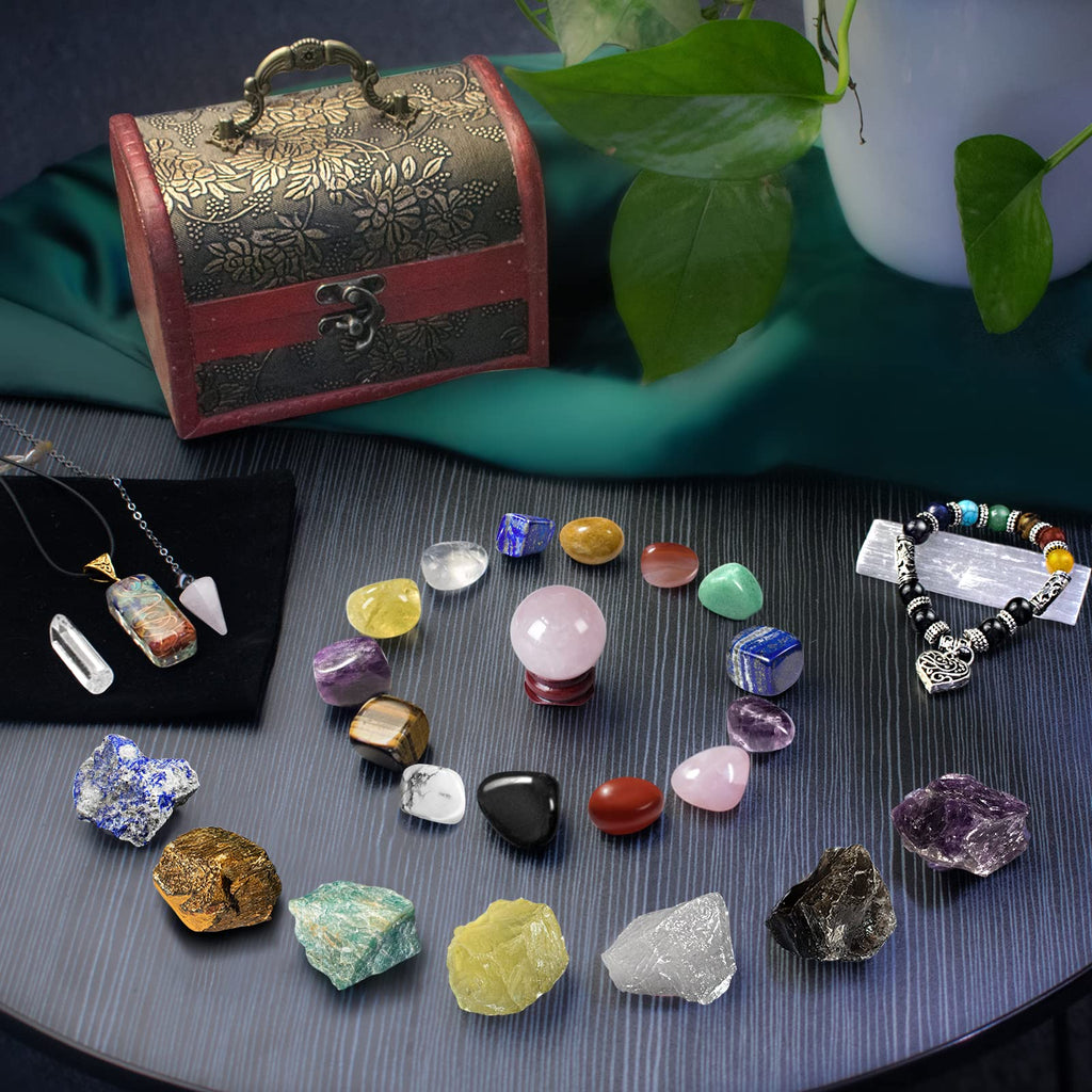 Healing Crystals Set, 28 Pcs Crystals and Healing Stones 7 Chakra Kits Obsidian Real Spiritual Protection Natural Reiki Energy Meditation Crystals for Beginners Wooden Box, Crystal Gifts for Women