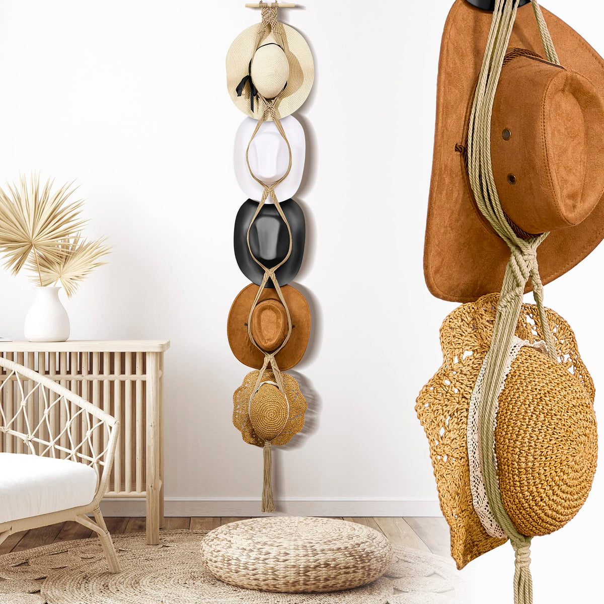 Yulejo Macrame Hat Hangers Boho Hat Rack for Wall Western Cowboy Hanging Organizer for Door Wall Room Bedroom