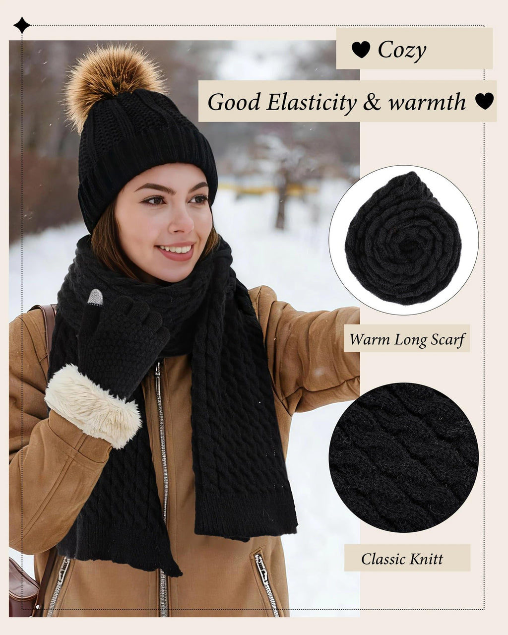 Geyoga 6 Pcs Winter Warm Set for Women Warm Beanies Hats Touchscreen Gloves Long Scarf Ear Muffs Socks Winter Gifts for Women