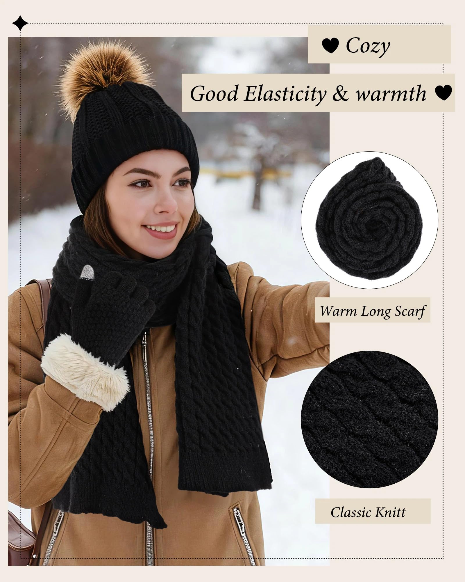 Geyoga 6 Pcs Winter Warm Set for Women Warm Beanies Hats Touchscreen Gloves Long Scarf Ear Muffs Socks Winter Gifts for Women