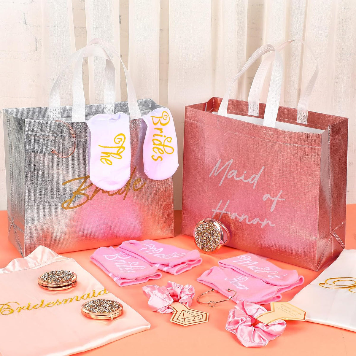Toulite 48 Pcs Bridesmaid Robe Sets Silk Satin Bride Party Robes with Bachelorette Gift Handbags Knot Bracelets Hair Ties Rhinestone Mirrors and Socks for Bridesmaid Wedding Bachelorette Party
