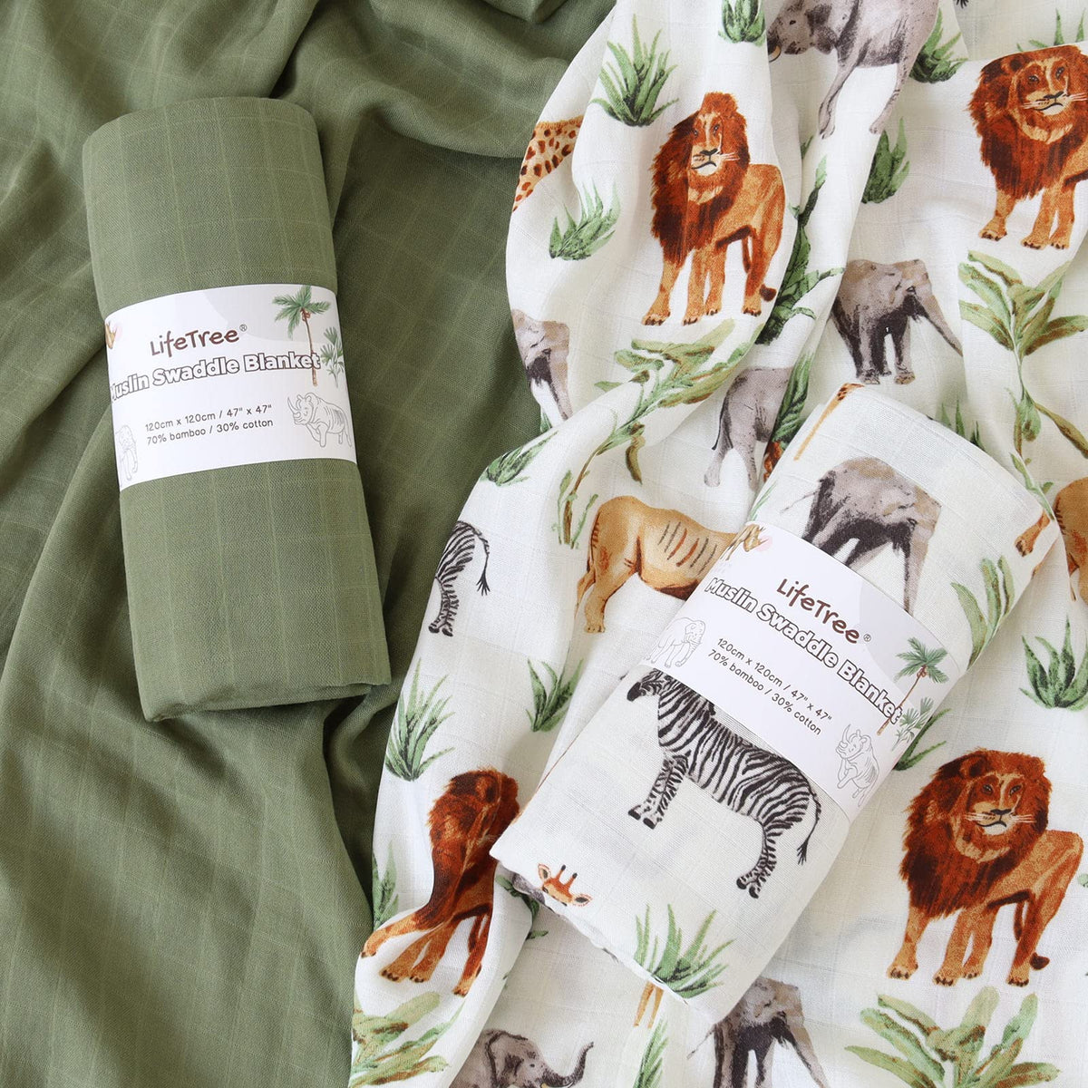 LifeTree Muslin Swaddle Blankets, Baby Swaddling Wrap Nursery Blanket Unisex, Soft 70% Viscose from Bamboo and 30% Cotton, Large 47 x 47 inches, Bear & Checkered Swaddle Blanket