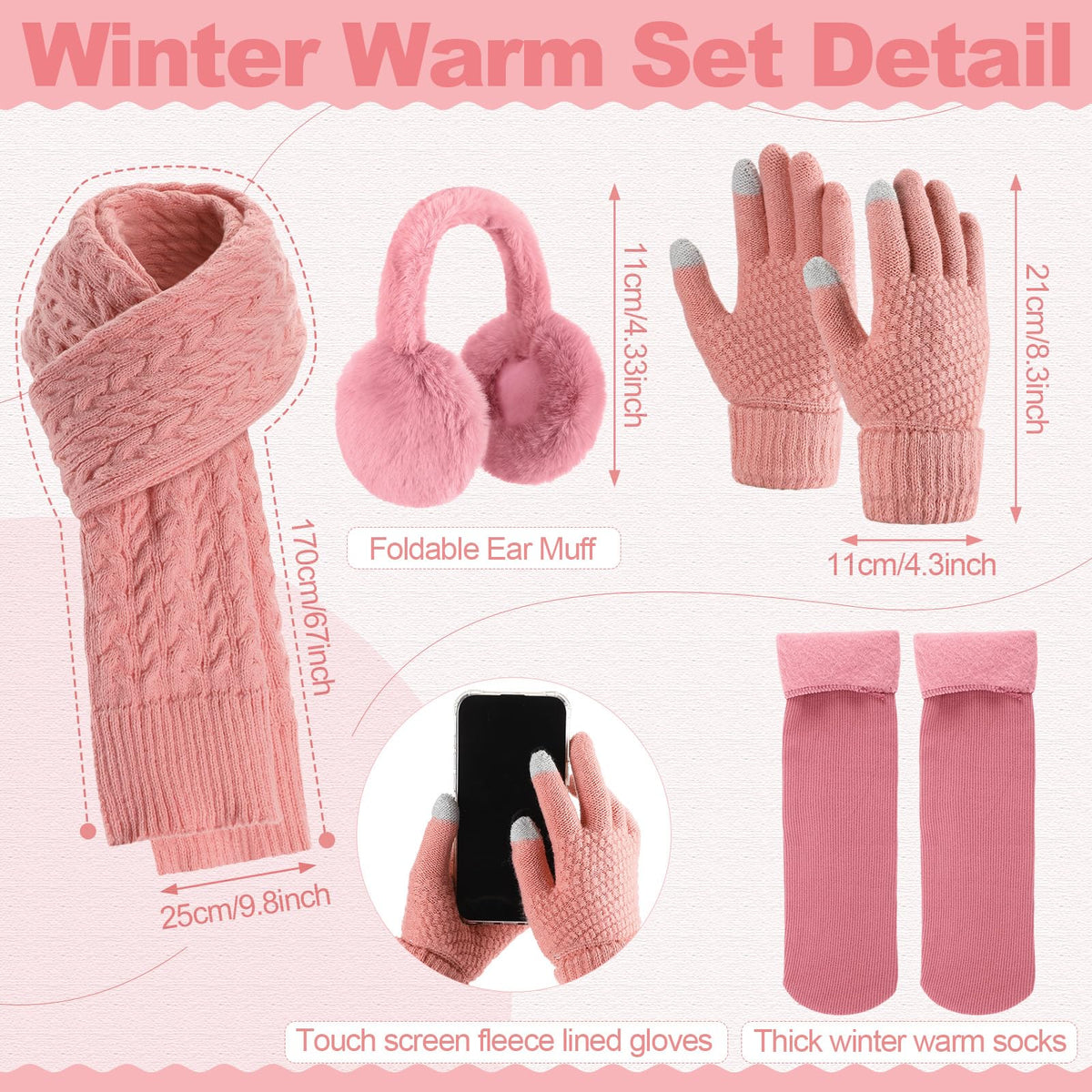 Geyoga 6 Pcs Winter Warm Set for Women Warm Beanies Hats Touchscreen Gloves Long Scarf Ear Muffs Socks Winter Gifts for Women