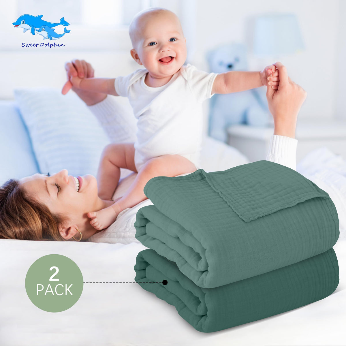 SWEET DOLPHIN Muslin Hooded Baby Bath Towels - 2 Pack 100% Cotton Towel for Babies, Infants, Toddlers - 32x32Inch - Highly Absorbent and Newborn Essential, Light Bean Paste