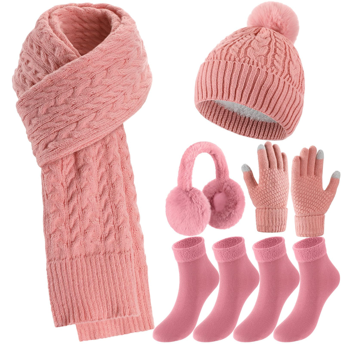 Geyoga 6 Pcs Winter Warm Set for Women Warm Beanies Hats Touchscreen Gloves Long Scarf Ear Muffs Socks Winter Gifts for Women
