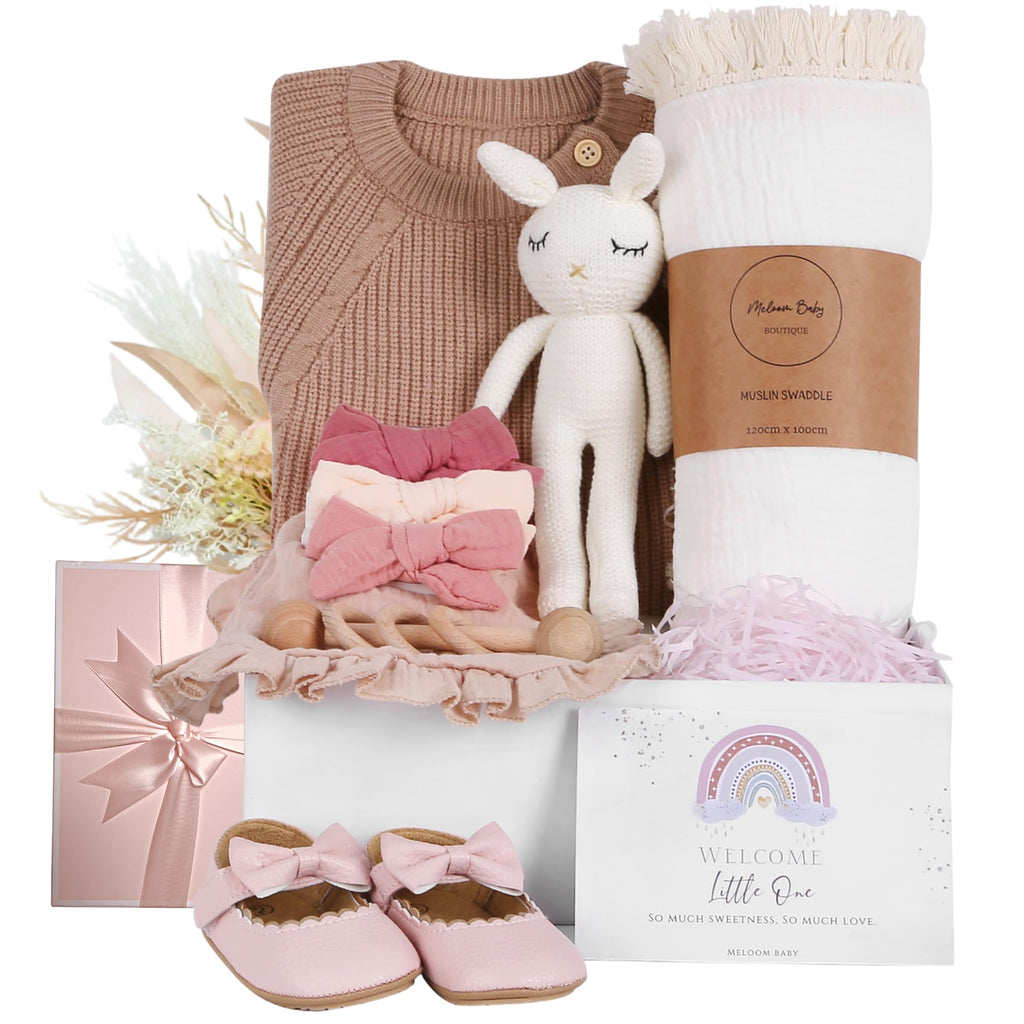 meloom Deluxe Baby Girl Gift Set, Newborn Baby Shower Gifts Basket, Newborn Gifts Box, Boho Baby Girl Essentials, Baby Shower Gifts for New Moms, Personalized New Baby Gifts