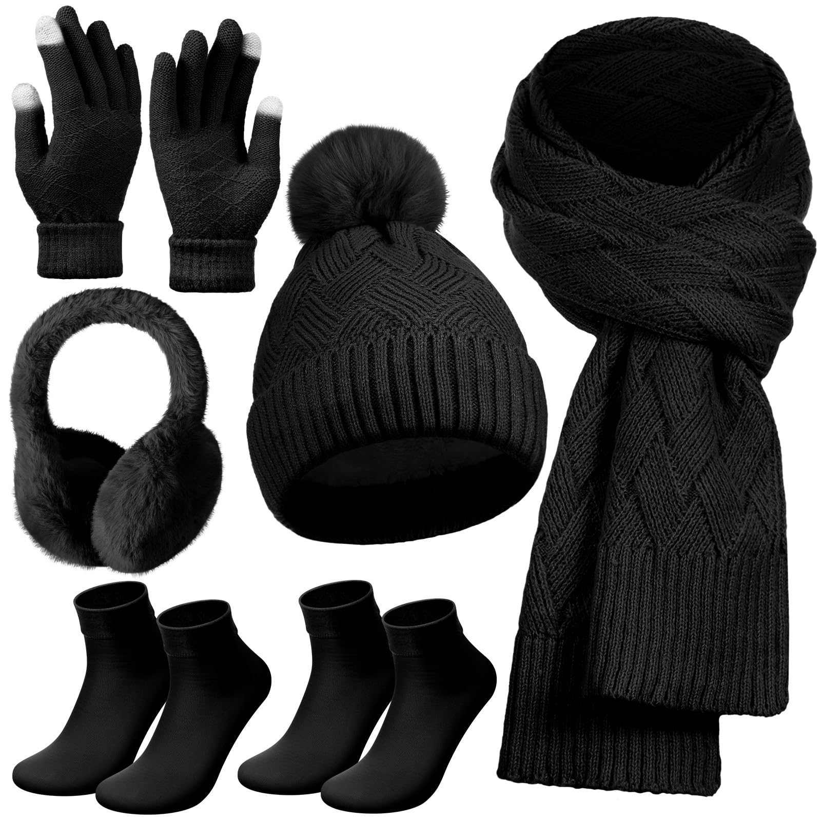 Geyoga 6 Pcs Winter Warm Set for Women Warm Beanies Hats Touchscreen Gloves Long Scarf Ear Muffs Socks Winter Gifts for Women