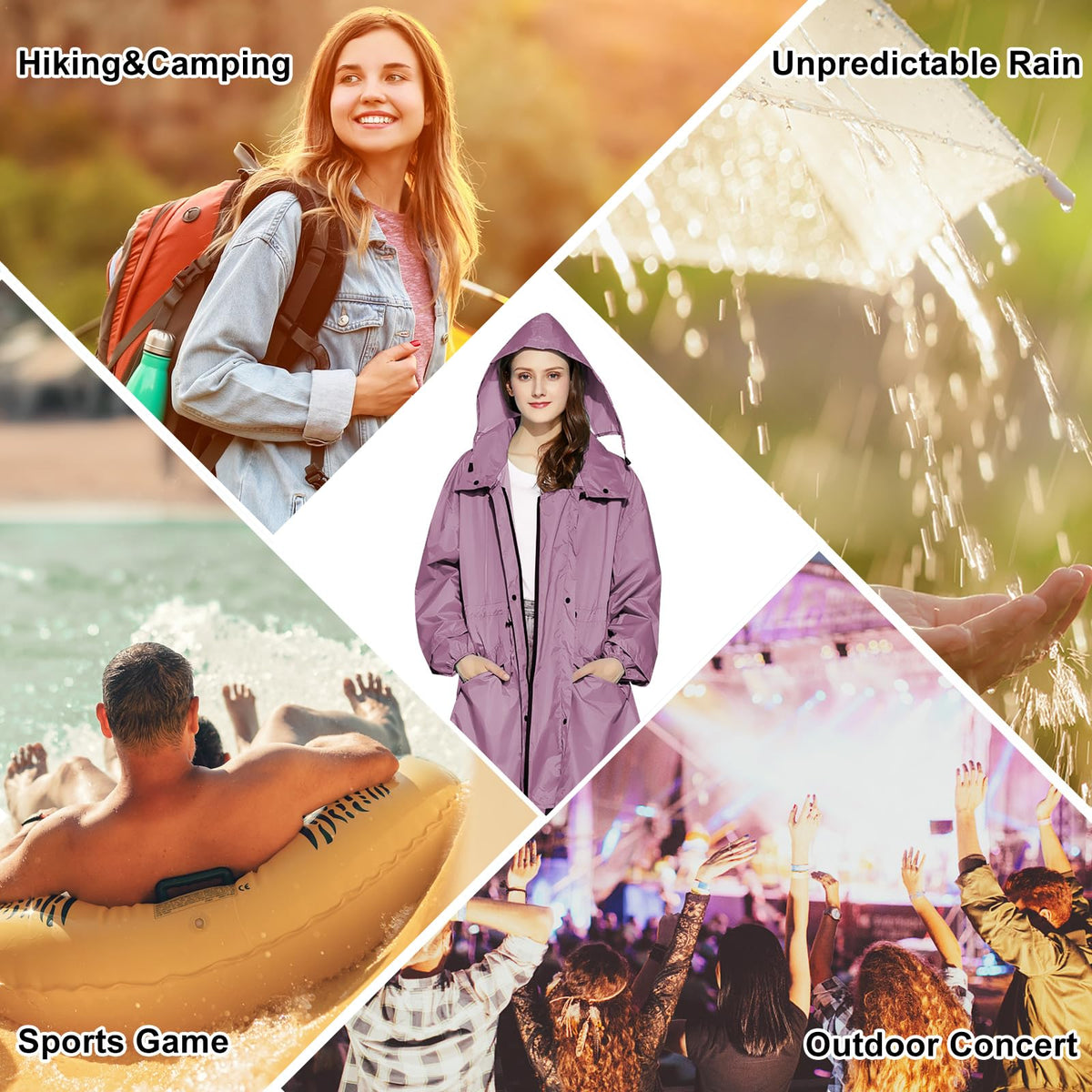 LAMA Womens Long Raincoats Rain Jacket Waterproof Packable Hooded Windbreaker Lightweight Adjustable Waist for Outdoor