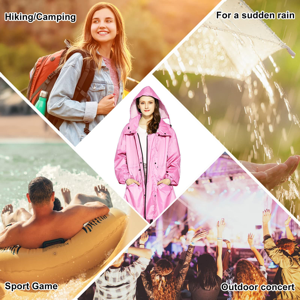 LAMA Womens Long Raincoats Rain Jacket Waterproof Packable Hooded Windbreaker Lightweight Adjustable Waist for Outdoor