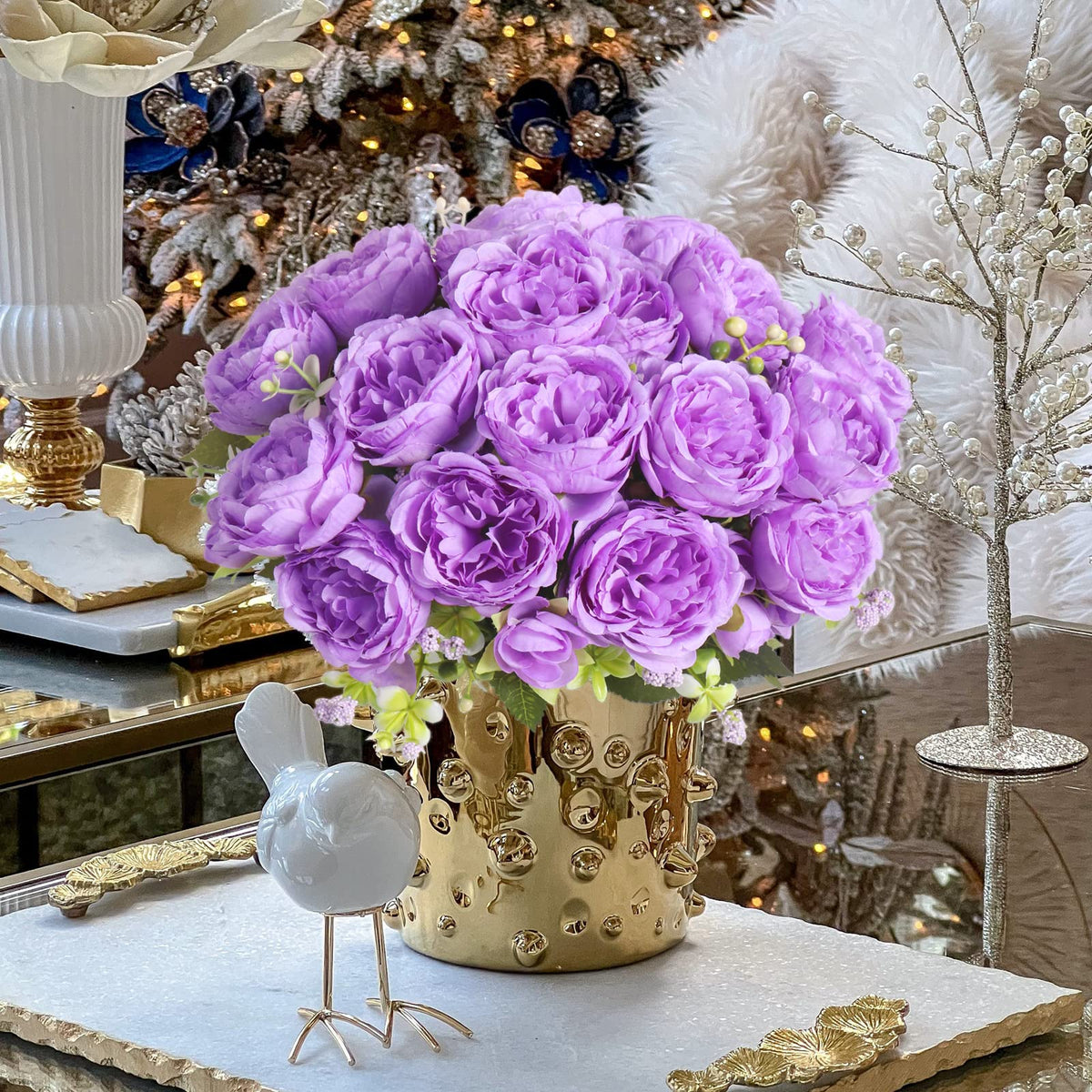 4 Bundles Artificial Peonies Silk Flowers, White Faux Peony Bouquet Florals Arrangements Decor for Farmhouse Home Boho Wedding Table Centerpiece, Fake Plastic Flowers Bulk Vase Decoration (White)